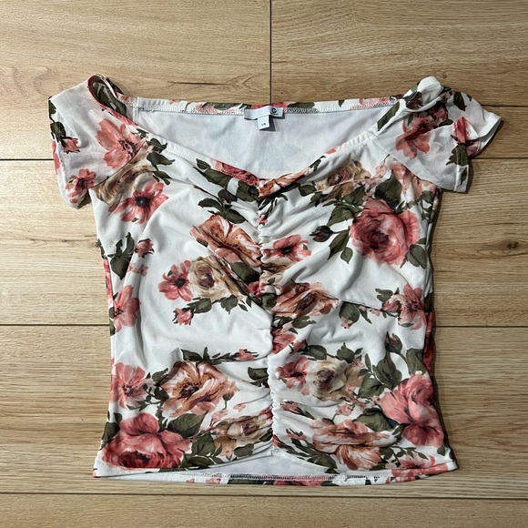 G by GUESS - Off-The-Shoulder Romantic Cottagecore Floral Mesh Top - Picture 1 of 5